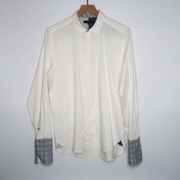 Ted Baker Mens Button Up Shirt Size 16.5 White Blue Geometric Office Formal - Picture 1 of 11